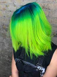 pin by elenor golding on metallic hair ideas with images neon green hair colored hair roots purple and green hair