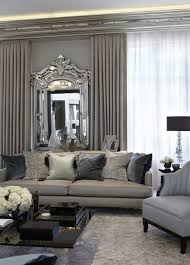 Shades Of Grey Tone On Tone Creates Very Elegant Soothing Living Room Love The Statement Mirror And The Drapes Same Living Room Grey Home Living Room Decor