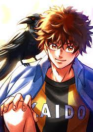 aoi ashito, ao ashi, absurdres, highres, 1boy, animal, animal on shoulder,  bird, bird on shoulder, brown eyes, brown hair, crow, hand on own knee,  jacket, jacket on shoulders, looking at viewer, male