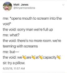 So scream into it all you want, just stay put; Me Opens Mouth To Scream Into The Void The Void Sorry Man We Re Full Up The Void There S No More Room We Re Teeming With Screams The Void We Are Sat S Capacity