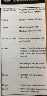 Membaca berita kuiz simpulan bahasa sketsa lagu (kumpulan) bercerita ulasan buku. Pusat Sumber Kolej Tingkatan Enam Pontian Senarai Aktiviti Kem Membaca 1 Malaysia 2018