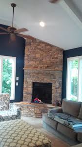 After Photo Sherwin Williams Duration Matte Naval 6244 On Walls And Promar 400 6238 Icicle On Ceili Painted Brick Fireplace Brick Fireplace Painted Brick