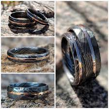 His And Her Damascus Ring Set With 14k Rose Gold Inlay And Etsy Damascus Steel Ring Damascus Ring Damascus Steel