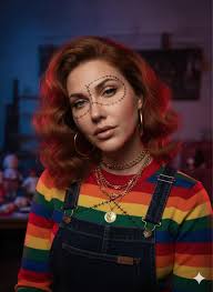 Create a surreal horror editorial portrait of the person in the photo  provided. She stands with quiet confidence in the center of Freddy  Krueger's iconic boiler room, surrounded by rusty pipes, glowing