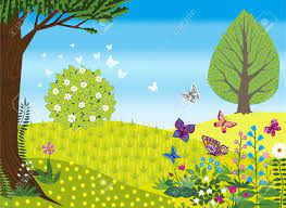 Printemps Rétro Paysage Avec Des Fleurs Et Des Papillons. Clip Art Libres  De Droits, Svg, Vecteurs Et Illustration. Image 25023293