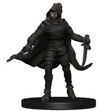 This tall humanoid's pale brow and black, soulless eyes are all that can be seen above a black scarf wrapped around its face. Caligni Stalker Miniatures Scenery Pathfinder Battles Pathfinder Battles Ruins Of Lastwall Three Kings Loot Inc