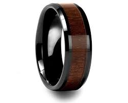Black Ceramic Ring With Dark Wood Inlay Mens Black By Miajewelery 28 99 Black Ceramic Ring Wood Inlay Rings Hawaiian Wedding Rings