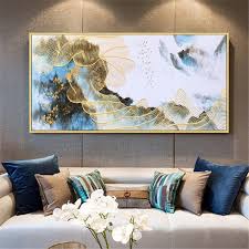 Acrylic Painting Modern Canvas Painting Ideas For Living Room Gold Lines Abstract Painting Wall Art Picture For Living Room Wall Decor Bedroom Blue Color Flow Gold Art Abstract Painting Gold Art Painting Acrylic Wall Art