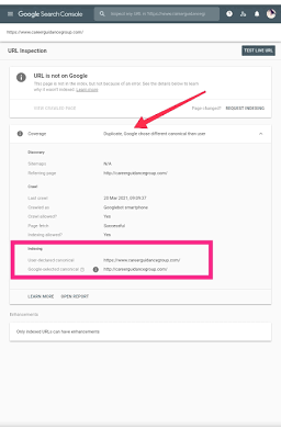 Monitoring Google's canonical processing in the Coverage report, AI generated