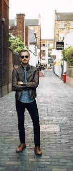Timmelideo With A Fall Combo Idea With A Brown Leather Jacket Blue Denim Shirt Black Chinos Sunglasses Wat Black Chinos Men Mens Outfits Business Casual Men