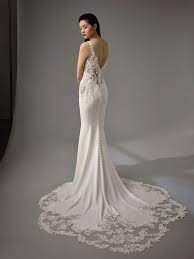 V Neck Crepe And Lace Wedding Dress With Scalloped Train Wedding Dresses Lace Wedding Dresses Enzoani Wedding Dresses