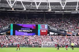 london england august 10 general view inside the stadium where the led screen shows a var dec premier league premier league matches premier league football