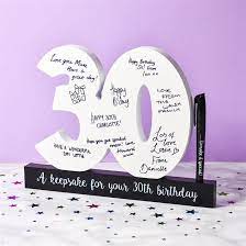 I have tried to steer clear of the usual conventional 30 year old gifts and have a few suggestions for unconventional but unique and creative 30th birthday gift ideas: 30th Birthday Signature Numbers And Pen Find Me A Gift