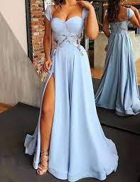 Cheap Cap Sleeves Light Blue Evening Dress With Split Appliques Prom Gown Light Blue Prom Dress Blue Evening Dresses Prom Dresses Online