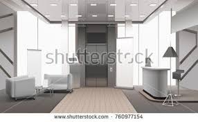 Stock Vector Realistic Grey Color Lobby Interior With Lift Reception Counter Waiting Area Tiled And Carpet Floor V Lobby Interior Interior Inside Interiors