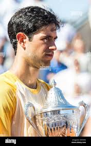 Nuno Borges of, Portugal. , . celebrates with the trophy after the men's  single final against Rafael Nadal of Spain during Nordea Open day 7