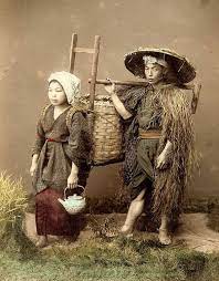 Off To The Fields A Rustic Japanese Farmer And His Wife Japanese Farmer Japanese Village Japanese History