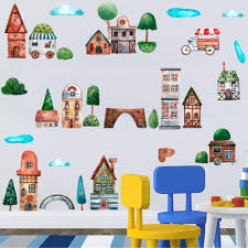 Discover our city wall stickers decals. Watercolor Modern City Wall Decal Village House Building Trees Wall Sticker For Kids Bedroom Decoration 35pcs Colorful City Town Decals Buy Online In Angola At Angola Desertcart Com Productid 140245206