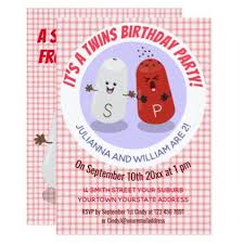 Cute Happy Kawaii Salt And Pepper Twins Cartoon Invitation Zazzle Com In 2020 Twin Birthday Happy Cartoon Invitations