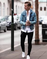 Fall Street Style Inspiration With Black Skinny Jeans White Sneakers White Button Collar Shirt Denim Jacket Denim Jacket Men Mens Casual Outfits Mens Outfits