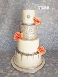 White Silver And Coral Wedding Cake Coral Wedding Cakes Wedding Cakes Coral Wedding