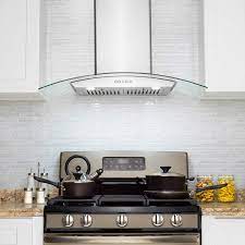 Golden Vantage Wall Mount Range Hood 36 Stainless Steel Glass Hood Fan For Kitchen 3 Speed Quiet Motor Push Control Panel Curve Modern Design Baffle Filter Led Range Hood Kitchen Range Hood