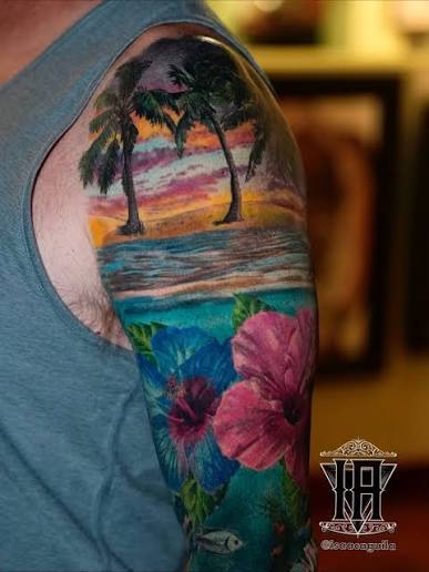 🌊 Jon's Ocean & Island Sleeve Complete! 🌴 From crashing waves to tropical shores, this sleeve tells the story of the sea — layered with depth, movement, and texture from start to