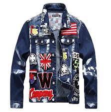Streetwear Patch Design Blue Single Breasted Flag Letter Slim Fit Denim Jacket In 2021 Denim Jacket Fashion Painted Denim Jacket Fitted Denim Jacket