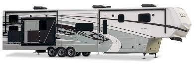 Fifth wheel toy hauler with living room in front. Luxe Luxury Toy Hauler 5th Wheel