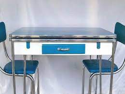 Flared blacks, tapered legs and pops of color keep the vibe clean and simple; 1950s Blue White Chrome Kitchen Table And 3 Matching Chair Super Cute Vintage Kitchen Table Vintage Kitchen Kitchen Table Decor