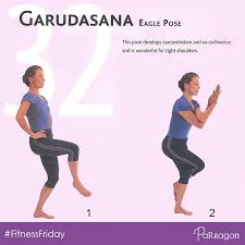 The Garudasana Or Eagle Yoga Pose Develops Concentration And Co Ordination And Is Wonderful For Tight Shoulders Friday Workout Yoga Poses Tight Shoulders