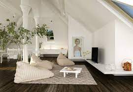 Pavimento In Parquet Scuro Pareti Con Colonne Bianche Tavolino Da Caffe Bianco Mansarda Open Space Attic Living Rooms Mens Room Decor Living Room Green