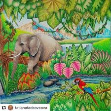 Peta hewitt aka la artistino with the title page from magical jungle by johanna basford using polychromos pencils and a derwent artist green; Magical Jungle Coloring Book Elephant Novocom Top