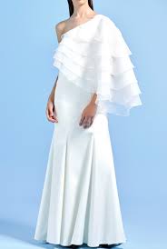 White Long Dress With Organza Layered Cape