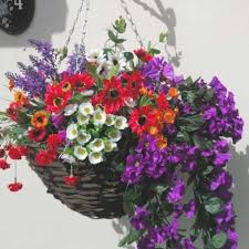 Large Colourful Artificial Hanging Basket With Purple And Red Flowers The Artificial Flowers Company Artificial Hanging Baskets Hanging Flowers Hanging Flower Baskets