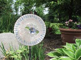 Garden Art Made Out Of Glass Dishes Garden Art Vintage Plate Flower Forget Me By 2ndhandrosemosaics Garden Art Glass Garden Art Flower Plates