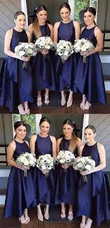 A Line Royal Blue High Low Bridesmaid Dresses High Neck Satin Long Prom Dresses Elegant Bridesmaid Dresses Bridesmaid Dresses Dg16 Navy Blue Bridesmaid Dresses Bridesmaid Dresses Ankle Length Bridesmaid Dresses Short Navy