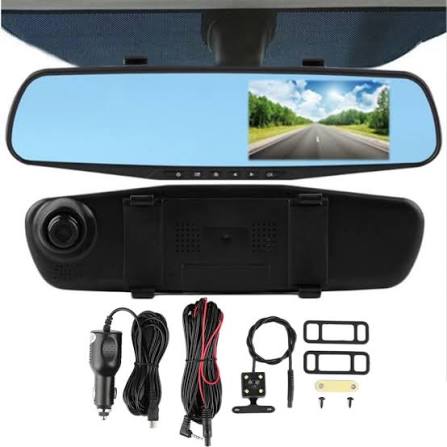 ESPEJO RETROVISOR AUTO CON CAMARA DOBLE DUAL TRASERA Y DELANTERA Y PANTALLA 4.3'' DVR AUTO