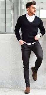 Black Jeans And Brown Boots Men Men S Black V Neck Sweater White Dress Shirt Black Skinny Jeans Brown Suede Chelsea Boots Smart Casual Men Jeans Outfit Men Casual Wear For Men
