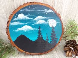 Moonlight Painted Wood Slice Wood Mountain Painting Moon And Stars Art Hand Painted Wood Slice Rustic Wall Art Moonlight Painting Painting On Wood Art