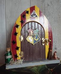 Harry Potter House Inspired Wooden Fairy Door Free Standing Hand Painted Gryffindor Slytherin Harry Potter Decor Harry Potter Houses Harry Potter Painting