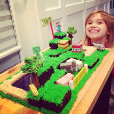 Birthday Cake For 9 Year Old Boy Minecraft Cake Red And Blue Sugar For The Water And Lava Kit Kats And Rice Crispies For Minecraft Birthday Party Minecraft Birthday Minecraft Birthday Cake