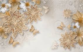 White and metallic gold flowers are printed at a large scale over a dove grey background. Gold Flower Wallpapers Top Free Gold Flower Backgrounds Wallpaperaccess