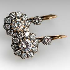 18k white gold oval hoop earrings. Victorian Style Diamond Earrings In 18k Gold W Silver Tops