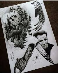 Here is a list of 110 spooktastic tattoo ideas, which will leave you haunted and wanting more. Horror Tattoo Flash Sheet Zeichnen Flash Horror Sheet Tattoo Zeichnen Horror Movie Tattoos Halloween Tattoos Movie Tattoo