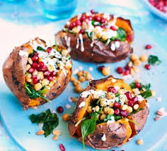 Crispy Sweet Potatoes With Chickpeas Tahini Yogurt Recipe Crispy Sweet Potato Recipes Sweet Potato Jacket