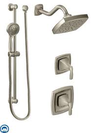 Moen 435bn Brushed Nickel Pressure Balanced Shower System With Rain Shower Integrated Volume Control Diverter And Hand Shower From The Voss Collection Valve Bathroom Shower Faucets Shower Systems Moen Shower Fixtures