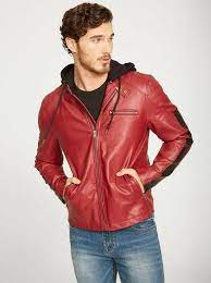 Men Red Leather Jacket With Hood Biker Lambskin Size Xs S M L Xl Xxl Custom Made Thebombayleatherco Leather Jacket Leather Jacket With Hood Red Leather Jacket