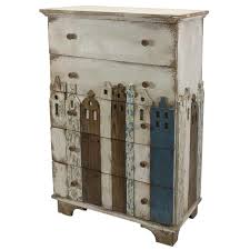 The cabinet stands 31.7 inches high and is 31.5 inches wide. Lourdes City Carving Tall Cabinet 5 Drawers Distressed White Boulevard Urban Living