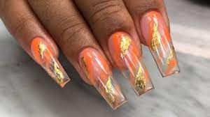 How To Easy Orange And Gold Marble Nails For Beginners Acrylic Nails Tutorial Marble Nails Nails Gold Acrylic Nails